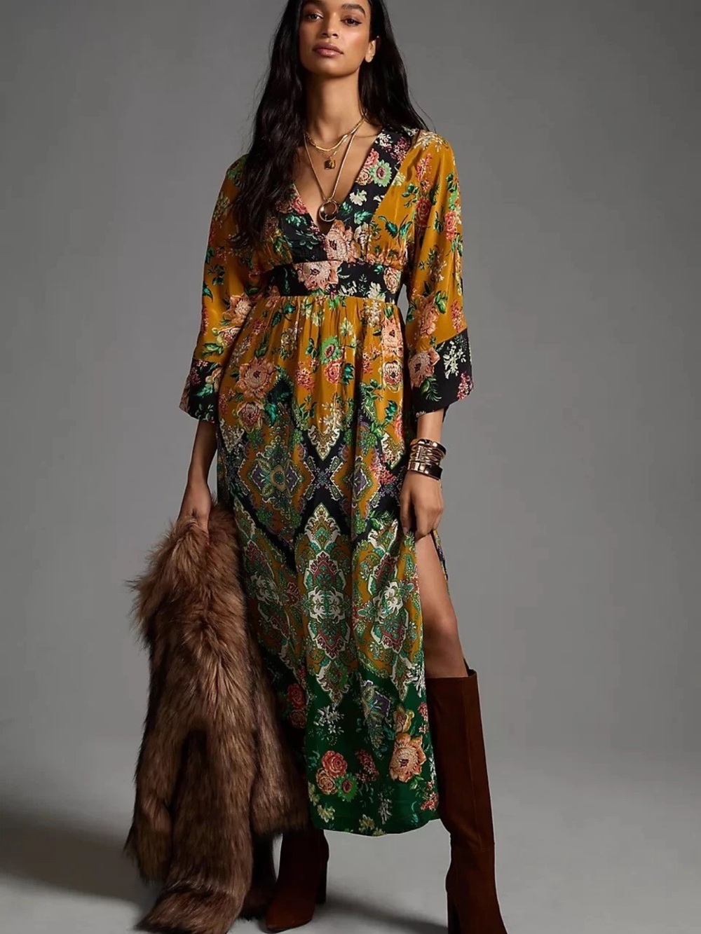 Anthropologie Mustard and Green Floral V-Neck Maxi Dress